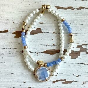 Set of 2 Purple/Blue Quartz & White Faux Pearl Beaded Bracelets